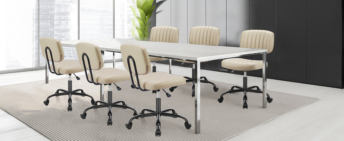 Small Office Desk Chair - Armless PU Leather with Comfy Lumbar Support, Height Adjustable Rolling Swivel Task for No Arms, for Adult, Student, Bedroom, Home, Vanity, Beige White